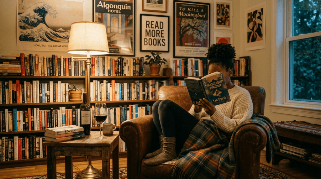 Woman reading book The Hidden Life of Trees in cozy leather chair in home library