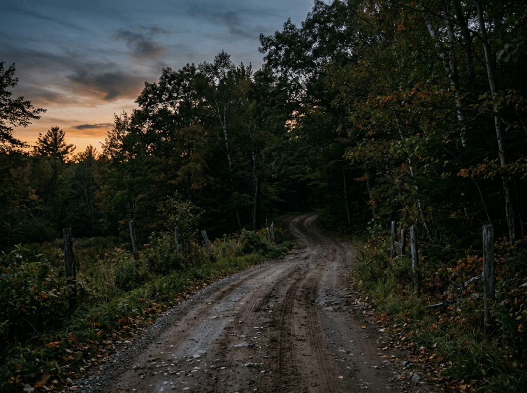 Winding dirt road surrounded by trees under a colorful sunset sky